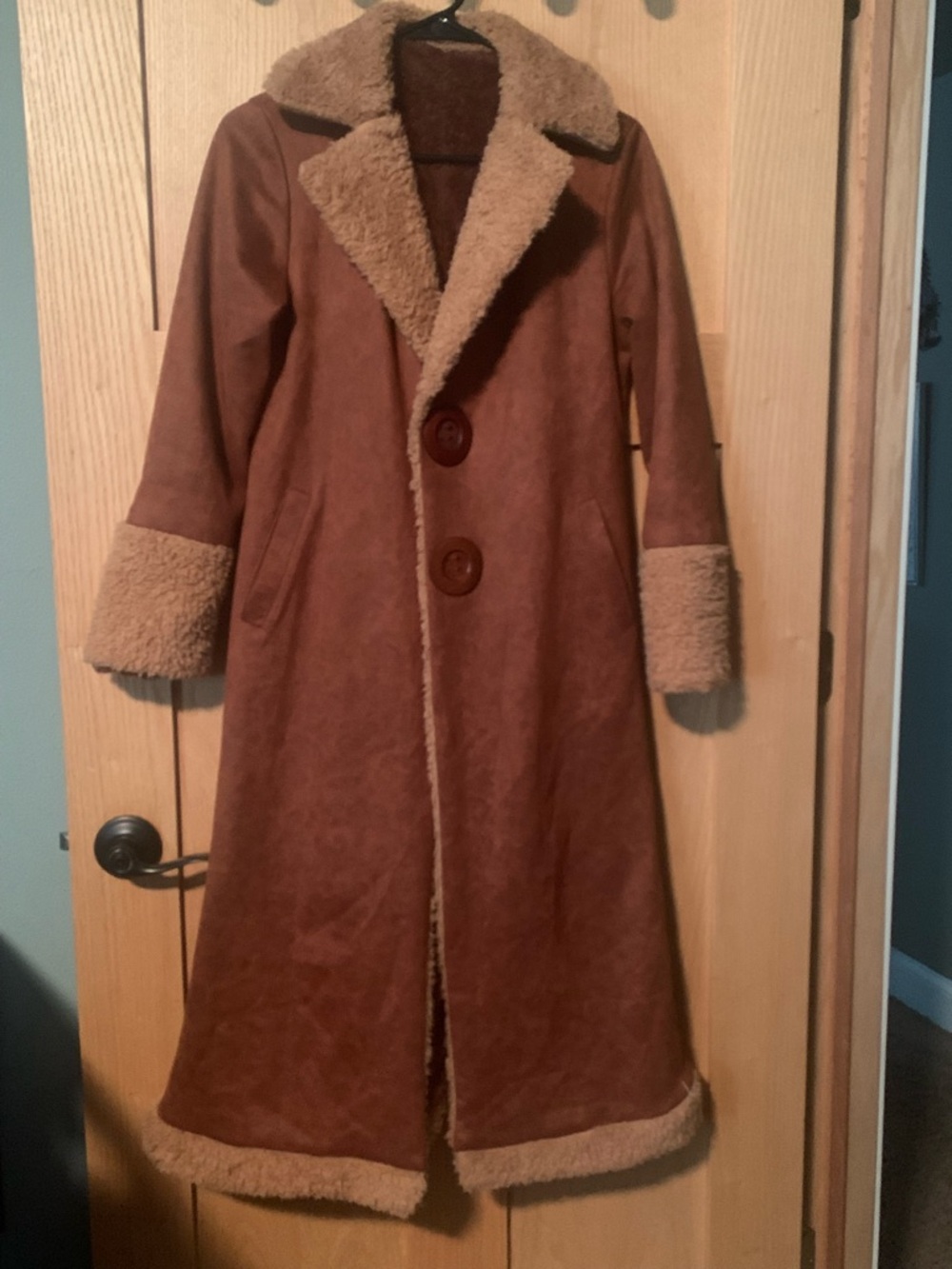 Long Brown Faux Suede Shearling Coat with Cuffed Trim